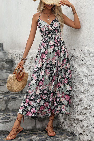 Black Printed Floral Halter A Line Summer Dress